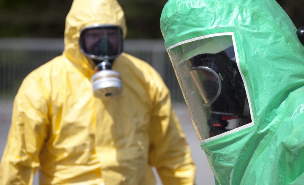 Men wearing safety gear against virus